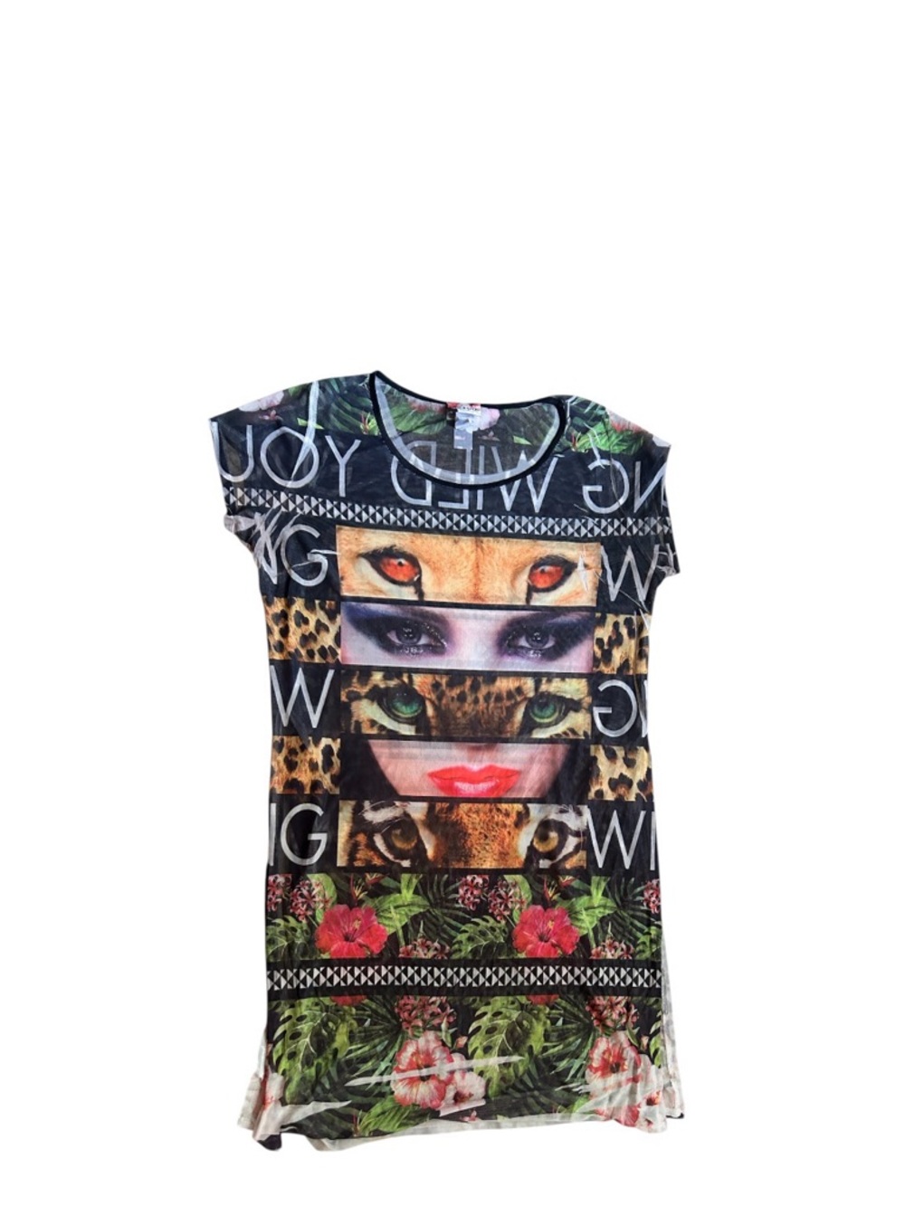 Vtg yk2 Graphic Animal Face Floral Print Tunic Top - Multicolor xl